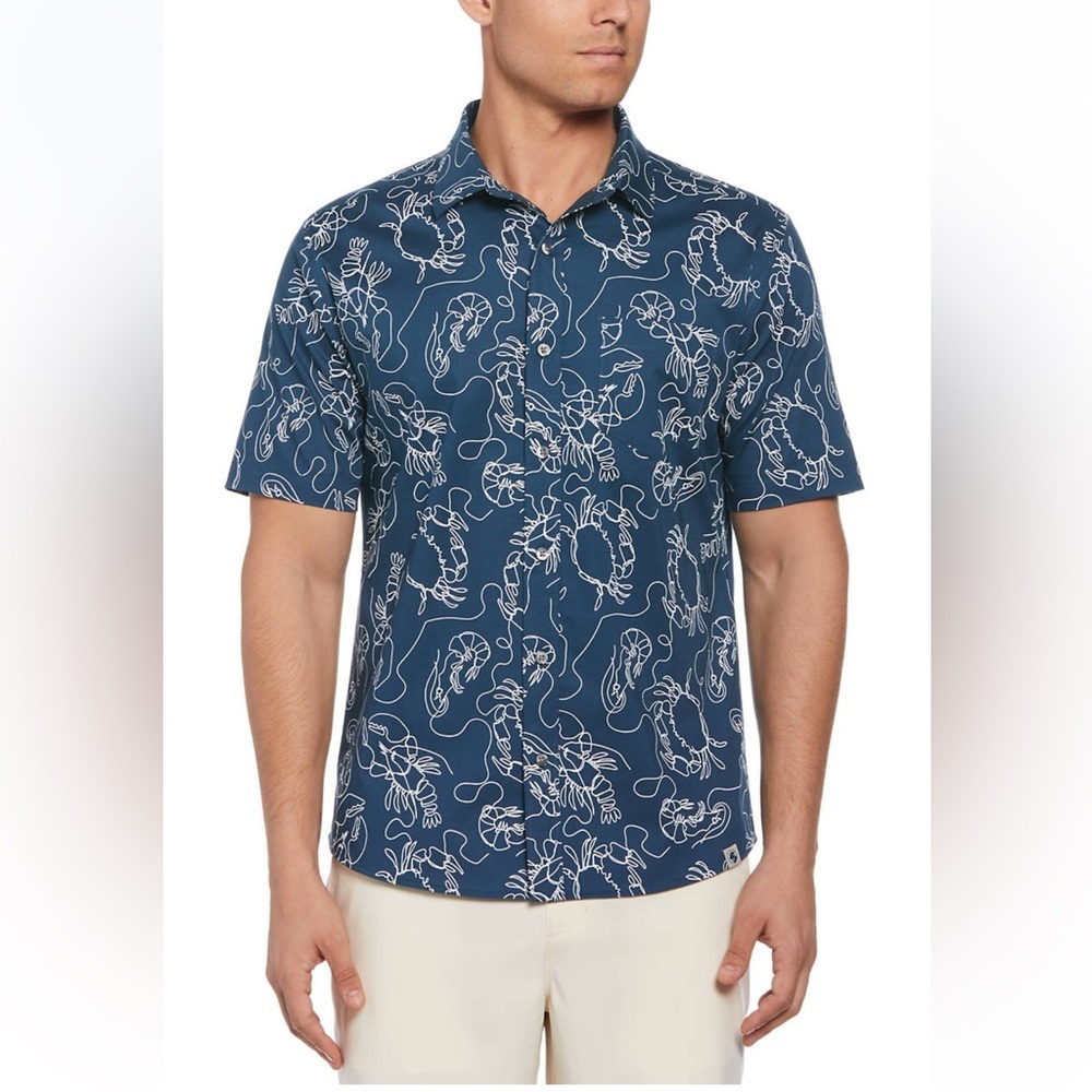 Southern Proper Mens Short Sleeve Button Up Shirt Blue Crab Lobster Print L‎